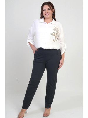 Kadın Beli Lastikli Yandan Cepli  Full Likra Çelik Klasik Paça Büyük Beden Pantolon