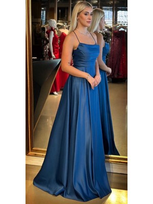 Petrol Renk Ip Askılı Sırt Dekolteli Kloş Etekli Saten Uzun Abiye Elbise 7764