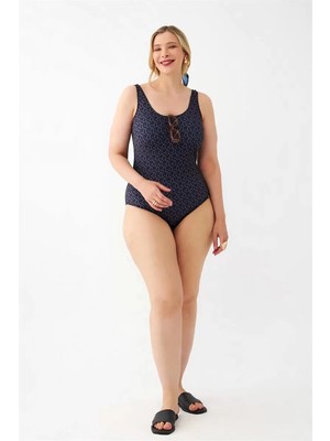 Kadın Lacivert Geometrik Desenli Büyük Beden Tek Parça Mayo