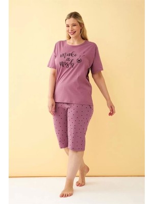 Kadın Mürdüm “make A Wish” Yazılı Büyük Beden Kapri Pijama Takımı