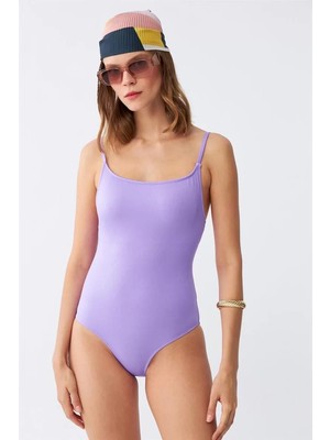 Kadın Lila Minimal Askılı Tek Parça Mayo