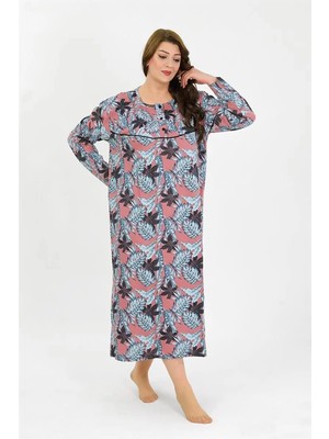 Kadın Büyük Beden Uzun Kol Somon Anne Gecelik