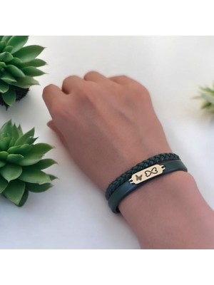 14 Ayar Plakalı Altın Sonsuzluk Temalı Koyu Yeşil Derili Kelebek Motifli Hediye BILEKLIK-656SEMBOL