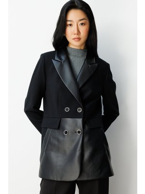 Ekol Suni Deri Detaylı Düğmeli Ceket Siyah 05093