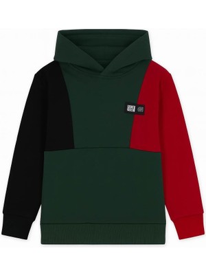 Perendi Kapüşonlu Parçalı Erkek Çocuk Sweatshirt Yeşil Uzun Kol Düz Yaka Cepli Orta Kalınlık