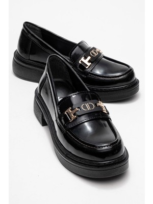 Kadın Tokalı Loafer Ayakkabı Siyah Rugan