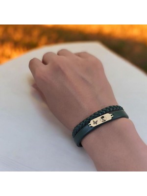 14 Ayar Plakalı Altın Atatürk Temalı Kelebek Motifli Koyu Yeşil Derili Hediye BILEKLIK-656SEMBOL