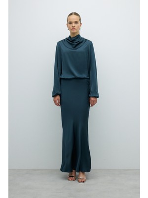 Saten Uzun Etek Petrol K2652002_010