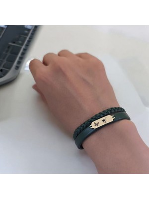 14 Ayar Altın Plakalı Melek Temalı Koyu Yeşil Derili Kelebek Motifli Hediye BILEKLIK-656SEMBOL