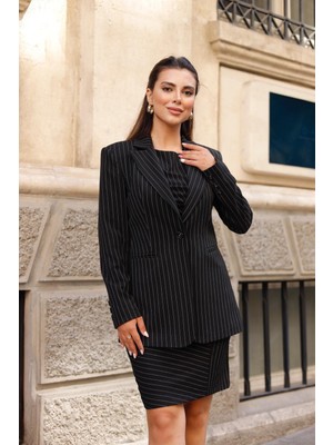 Çizgili Poliviskon Elbise-Ceket Takım Siyah