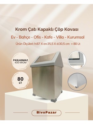 Krom Sallanır Çatı Kapaklı Çöp Kovası 80 Lt