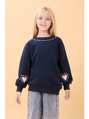 Perendi Kız Çocuk Baskılı Lacivert Sweatshirt Bisiklet Yaka Orta Kalınlık ile Eğlenceli Stil