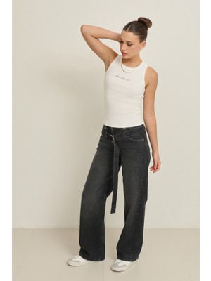 Antrasit Yüksek Bel Kemer Detaylı Wide Leg Jean