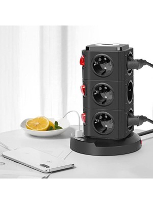 Smayling Akım Korumalı 12 Prizli Çoklu Uzatma Kablosu - 3 USB Girişli, Anahtarlı, Kule Tipi, 2 Metre Wireless Kablosuz Şarj