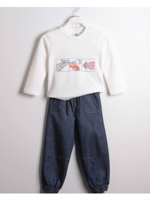 Beyaz Nakış İşlemeli Sweat & Lacivert Denim Pantolon Çocuk Takımı