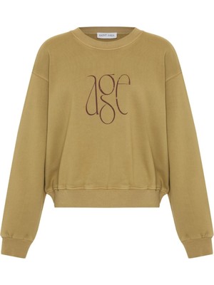 Yağ Yeşili Baskı Detaylı Bisiklet Yaka Oversize Sweatshirt