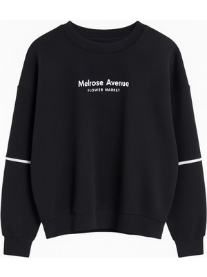 Siyah Bisiklet Yakalı Baskılı Oversize Sweatshirt