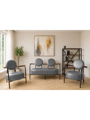 Azra Mobilya - Venüs Çay Seti Koltuk Takımı - Deri Kumaş - Ahşap Ayak - Ofis Koltuk Takımı - Gri