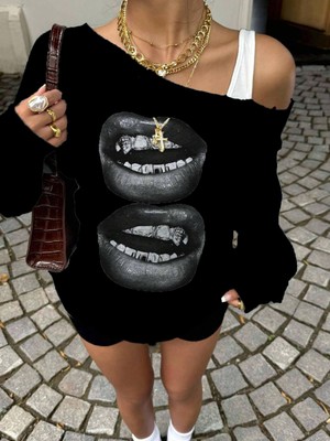 Kadın Siyah Oversize Sweatshirt – Baskılı Dudak Desenli, Sokak Stili, Rahat Kesim