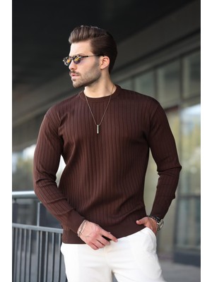 Kahverengi Bisiklet Yaka Çizgili Uzun Kollu  Kazak E7273