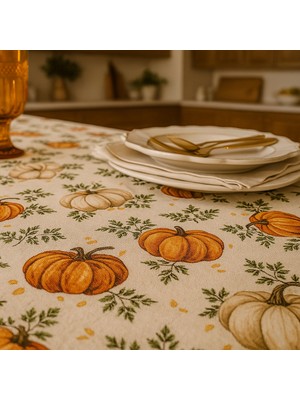 Balkabağı Desenli Dijital Duck Kumaş Masa Örtüsü – 120×160 cm | Sonbahar Temalı Su Geçirmez Mutfak Masa Örtüsü