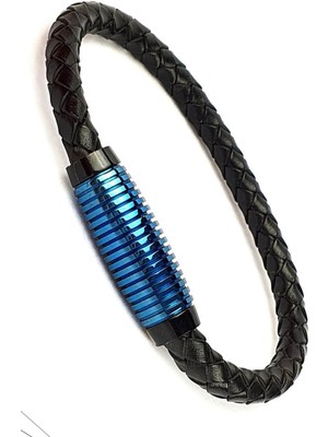 mavi rodaj çelik detaylı siyah deri erkek bileklik