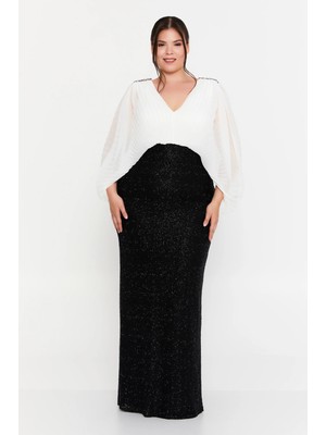 Şeref Vural Kadın Büyük Beden Ön-Arka V Yaka Simli Kumaş Maxi Abiye Elbise 8429 Siyah-Beyaz