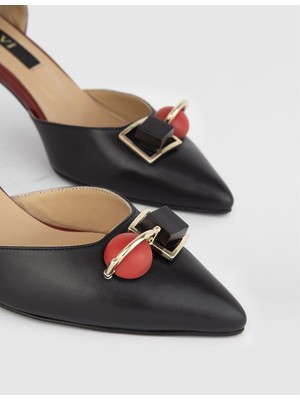 Nurdey Hakiki Deri Kadın Siyah Kırmızı Topuklu Ayakkabı