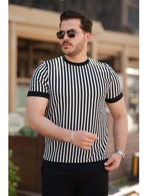 Erkek Siyah Beyaz Örme Pamuklu Kumaş Kısa Kollu T-Shirt