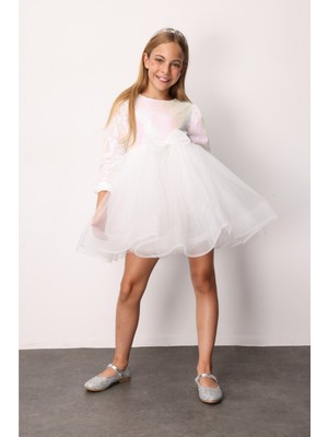 Beyaz  Pullu Grenli Fiyonk Detaylı Kız Çocuk Elbise - Irene