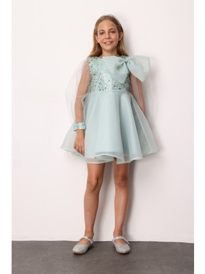 Mint  Fiyonk Detaylı Pullu Kız Çocuk Elbise - Wendy