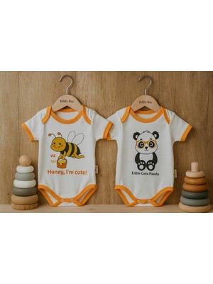 2 Li %100 Pamuk Organik Baskılı Unisex Kız Erkek Çıtçıtlı Body Zıbın Arı-Panda