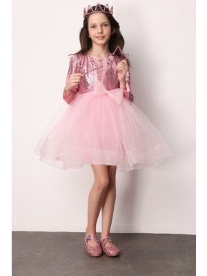 Pembe  Pullu Grenli Fiyonk Detaylı Kız Çocuk Elbise - Irene