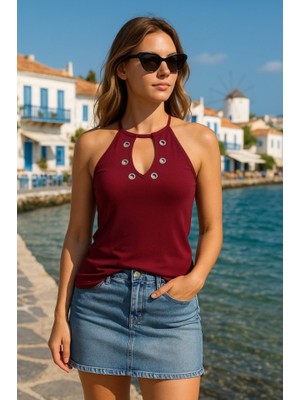 Kadın Askılı Kuş Gözü ve Dekolte Detay Boyundan Bağlamalı Viskon Bluz