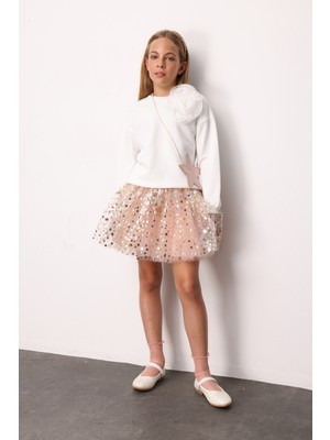 Pudra  Yıldızlı Fiyonk Detaylı Kız Çocuk Tül Etek - Aster