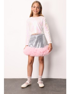 Gümüş  Pullu Ucu Tül Detaylı Kız Çocuk Etek - Sheron