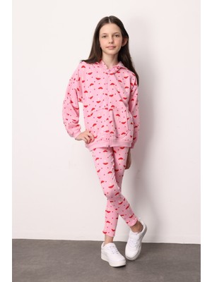 Pembe  Desenli Kapüşonlu Kız Çocuk Eşofman Takımı - Nell