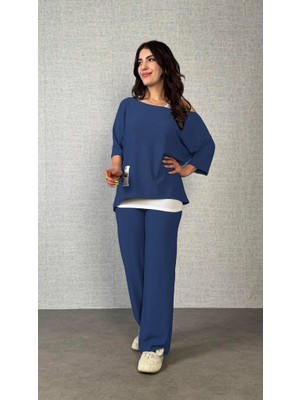 Kadın Kısa Kollu Omuzlardan Açık Yarasa Kollu Bürümcük Bluz ve Pantolon ve Viskon Atlet