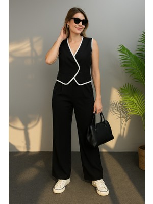 Kadın Kolsuz V Yakalı Düğmeli Ithal Krep Yelek ve Pantolon Ikili Takım