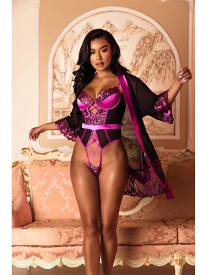 Arias Closet Fuşya Dantel Işlemeli Kalp Desenli Fantezi Gecelik Body Takımı