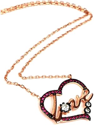 Love yazılı pembe zirkon taşlı gümüş rose kolye