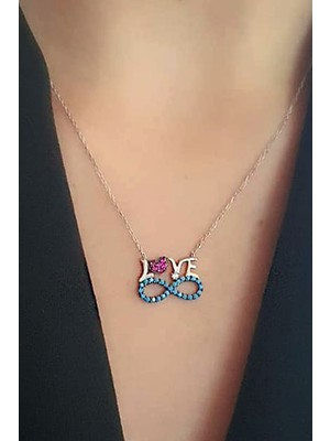 Love yazılı nanoteknoloji turkuaz taşlı sonsuzluk figürlü gümüş kolye