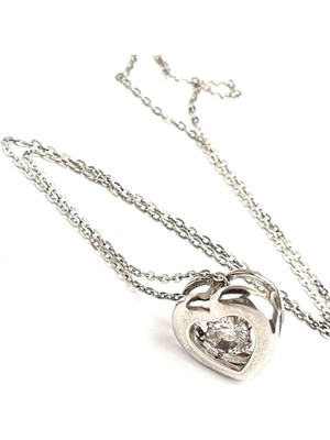 Pırlanta ışıltısında zirkon taşlı 925ayar gümüş kalp figürlü tek taşı hareketli kolye