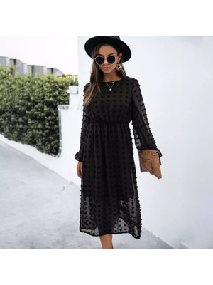 Kadın Uzun Kollu Astar Detay Fırsat Ürün Ponpon Şifon Elbise