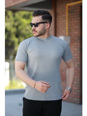 Erkek Bisiklet Yaka Örgü Desenli Kısa Örme Triko Kısa Kollu T-Shirt