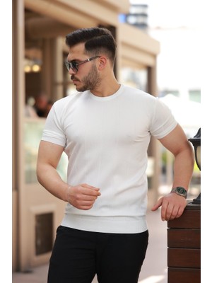 Erkek Ince Çizgi Dokulu Bisiklet Yaka Kısa Kollu T-Shirt