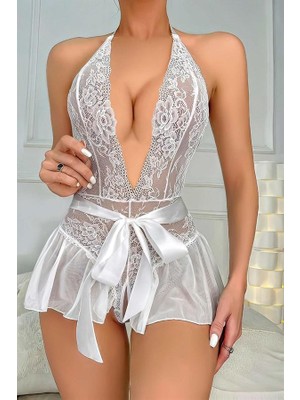 Arias Closet Beyaz Dantel Işlemeli Özel Bölgesi Açık Fantezi Kurdelalı Body