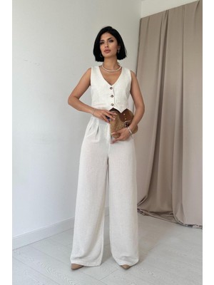 Bej Önü Düğmeli Yelek ve Pantolon Takım