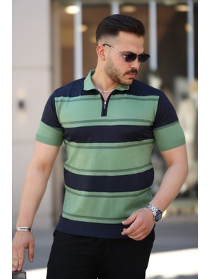 Erkek Yakalı Fermuarlı Çift Renk Kısa Kollu T-Shirt