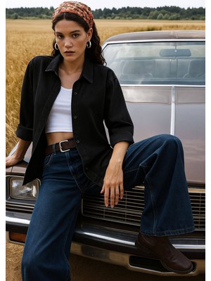 Kadın Rahat Kalıp Siyah Jean Gömlek